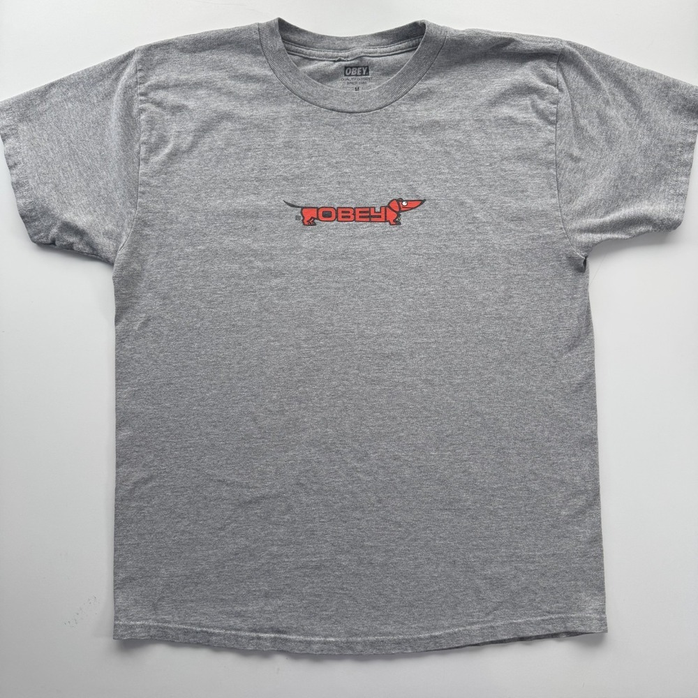 OBEY Hot Dog T Shirt Crew Neck Tee Mens Medium Heather Gray Wiener‎ Dog Graphic